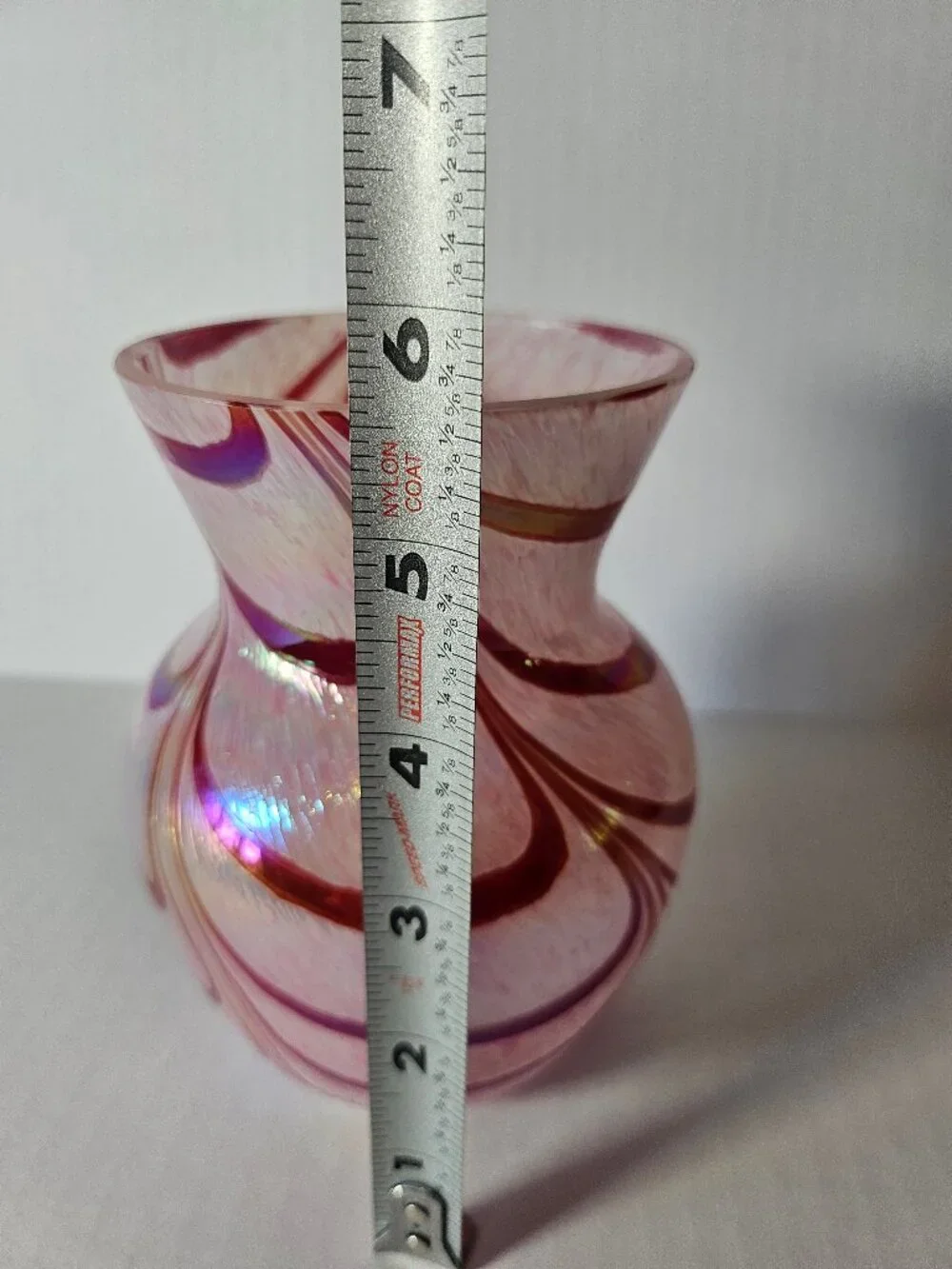 VTG Teleflora Pink Swirl Iridescent Art Glass Vase 5.5 